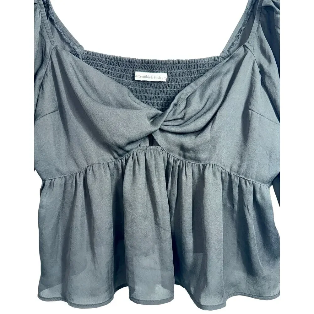 Abercrombie & Fitch Black Sheer Ruched Peplum Smocked Puff Sleeve Crop Top Sz L